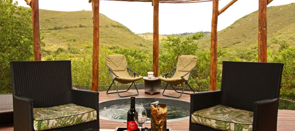 Private veranda with jacuzzi and stunning vista at Shamwari Bayethe Tented Lodge, Shamwari Game Reserve, South Africa - Image 13