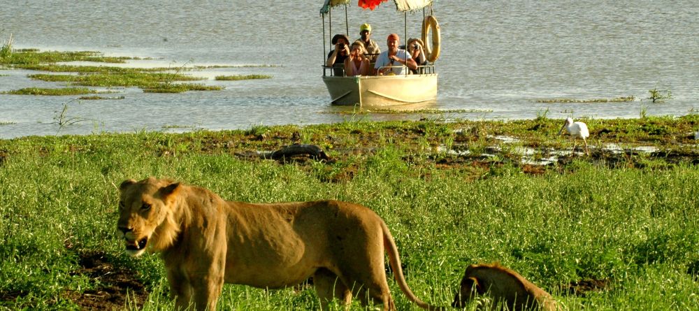 A boat safari spotting some lions by the lake at Lake Manze Tented Camp, Selous National Park, Tanzania - Image 12