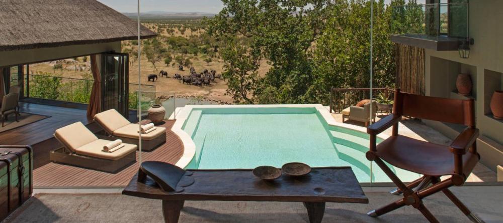 Lounge by a private pool overlooking a herd of elephants at the watering hole at The Four Seasons Safari Lodge, Serengeti National Park, Tanzania - Image 18