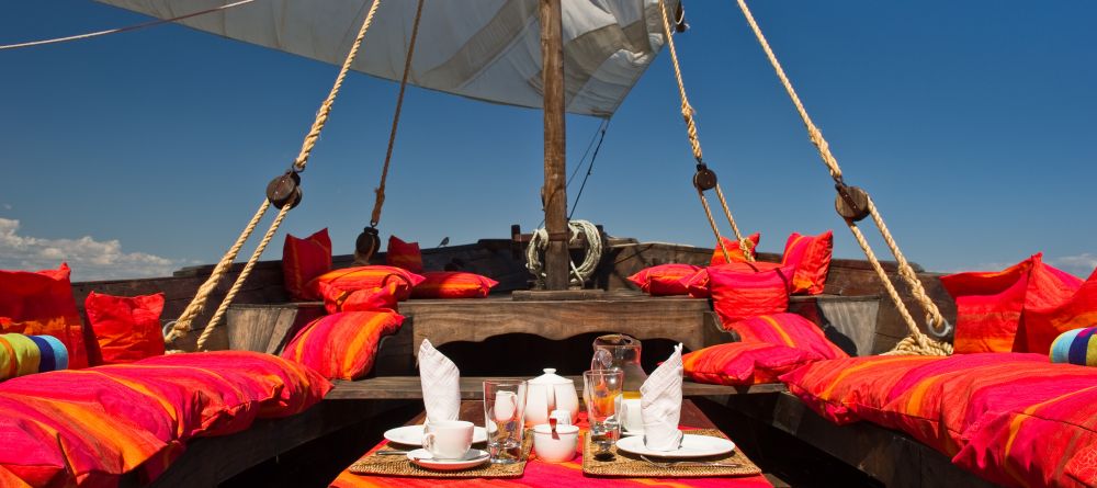 A beautifully decorated traditional dhow for cruises on the lake at Pumulani, Lake Malawi, Malawi - Image 16
