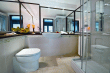 A bathroom at New Emerald Cove, Praslin, Seychelles