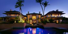 The facade and pool illuminated at night at Pezula Resort and Spa, Knysna, South Africa