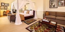 Bedrooms have modern African-inspired decor at Hideaway of Nungwi Resort & Spa, Zanzibar, Tanzania
