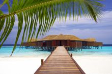 Walkway through the buildings at Kuredu Island Resort, Lhaviyani Atoll, Maldives