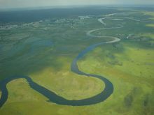 Aerial shot of surroundings at Xudum Okavango Delta Lodge, Okavango Delta, Botswana 